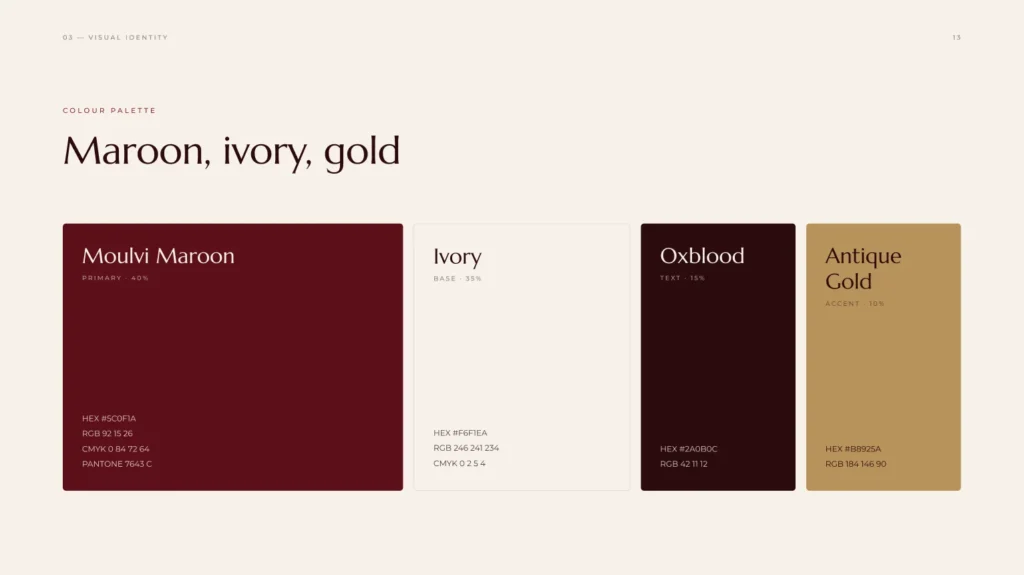 Moulvi colour palette: maroon, ivory, oxblood and antique gold