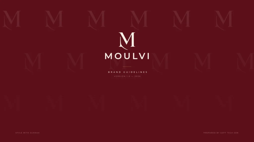 Moulvi brand guidelines cover with the M monogram on maroon