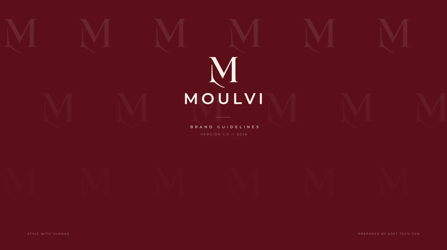 Moulvi brand guidelines cover with the M monogram on maroon
