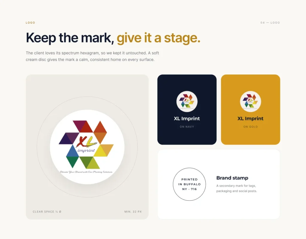 XL Imprint spectrum hexagram logo on cream, navy and gold, plus the Printed in Buffalo brand stamp