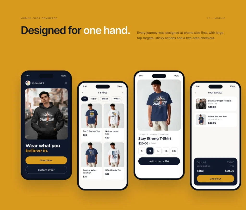 XL Imprint mobile screens: home, T-shirts, product and cart